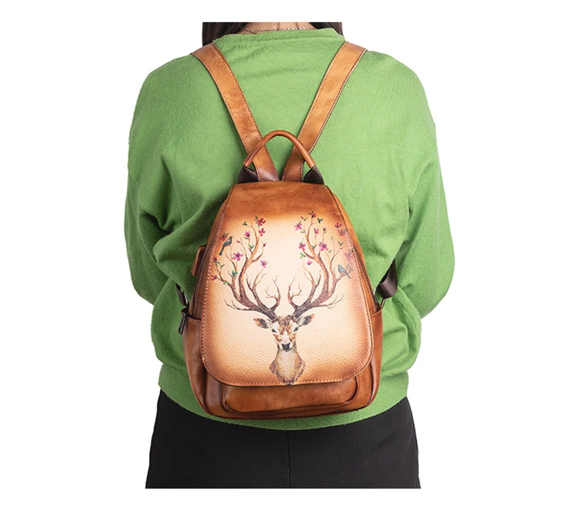 Women Backpack Rucksack School Book Bag Genuine Leather With USB Charging Port Retro Female Cowhide Laptop Computer Bag Daypack