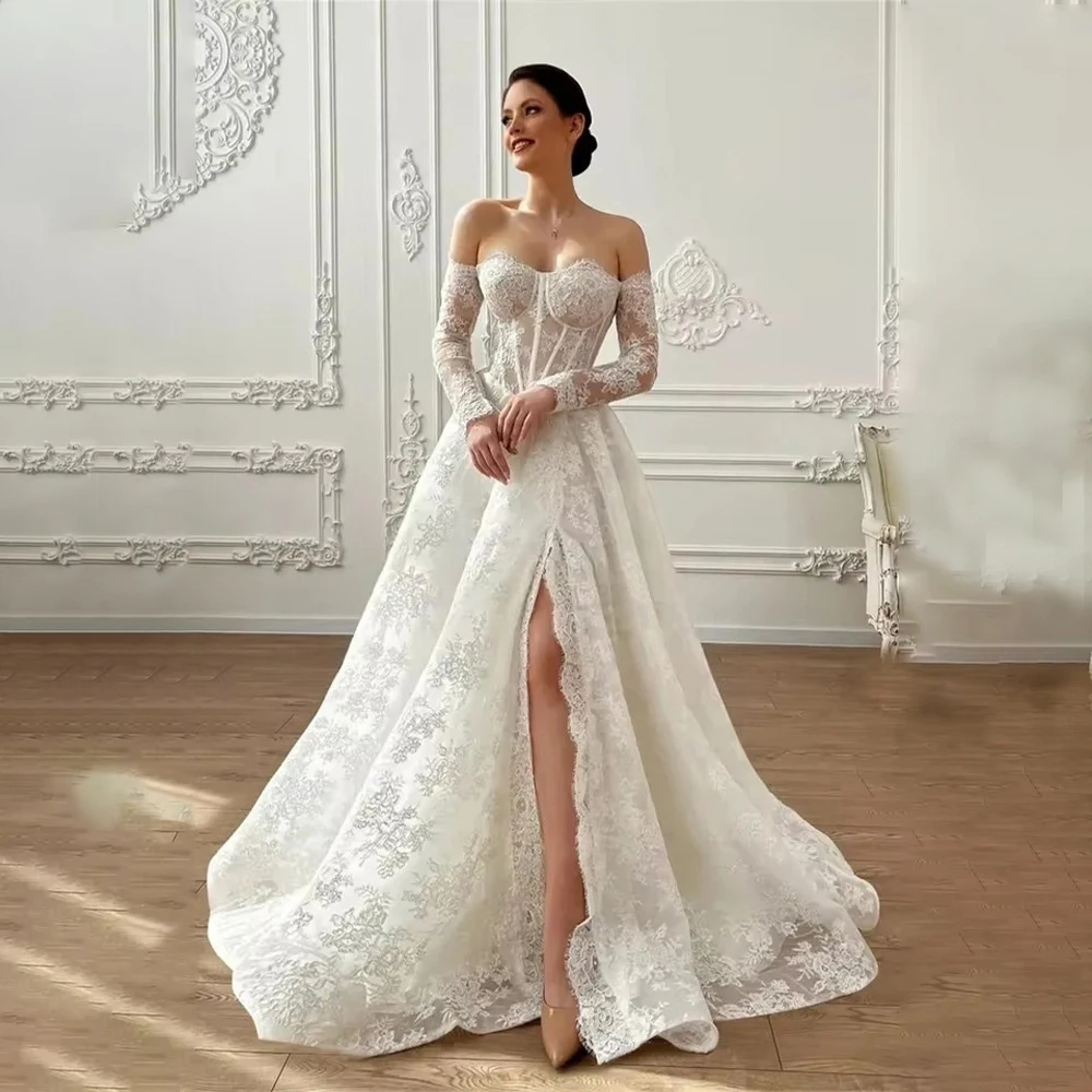 

White Lace Weddings Dresses Off Shoulder Long Sleeves A Line Princess Bride Dress Strapless Side Slit Bridal Gown Customized