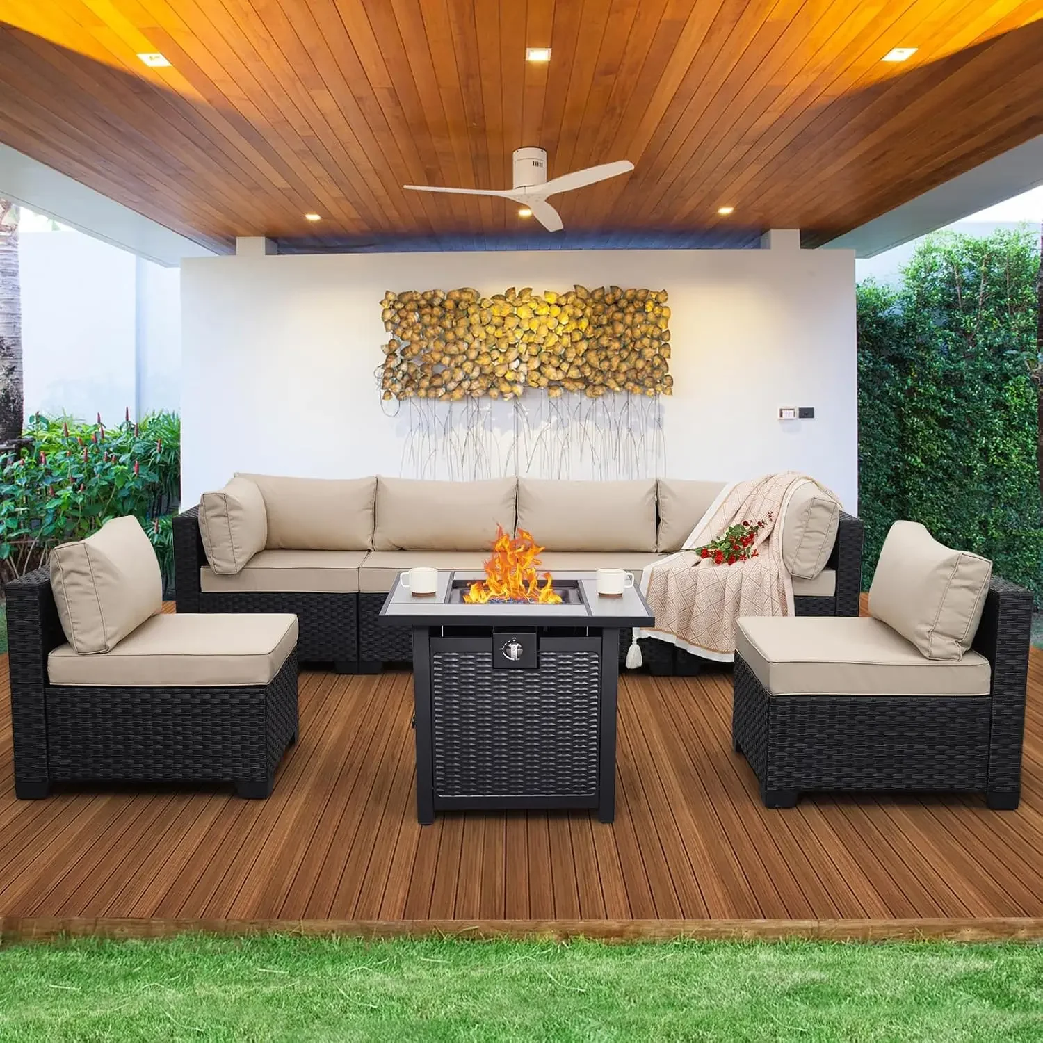 7 Piece Outdoor PE Wicker Furniture Set, Patio Black Rattan Sectional Sofa Couch with Washable Khaki Cushions