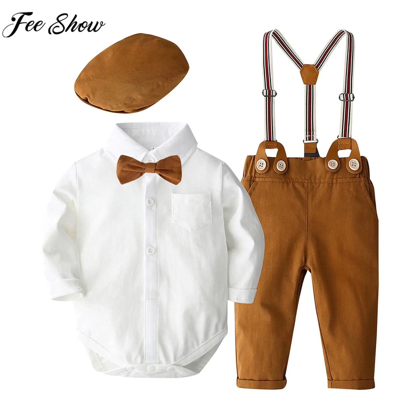 

Baby Boys Birthday Party Gentleman Suit Long Sleeve Romper with Suspender Pants Bow Beret Hat Wedding Photography Formal Outfit