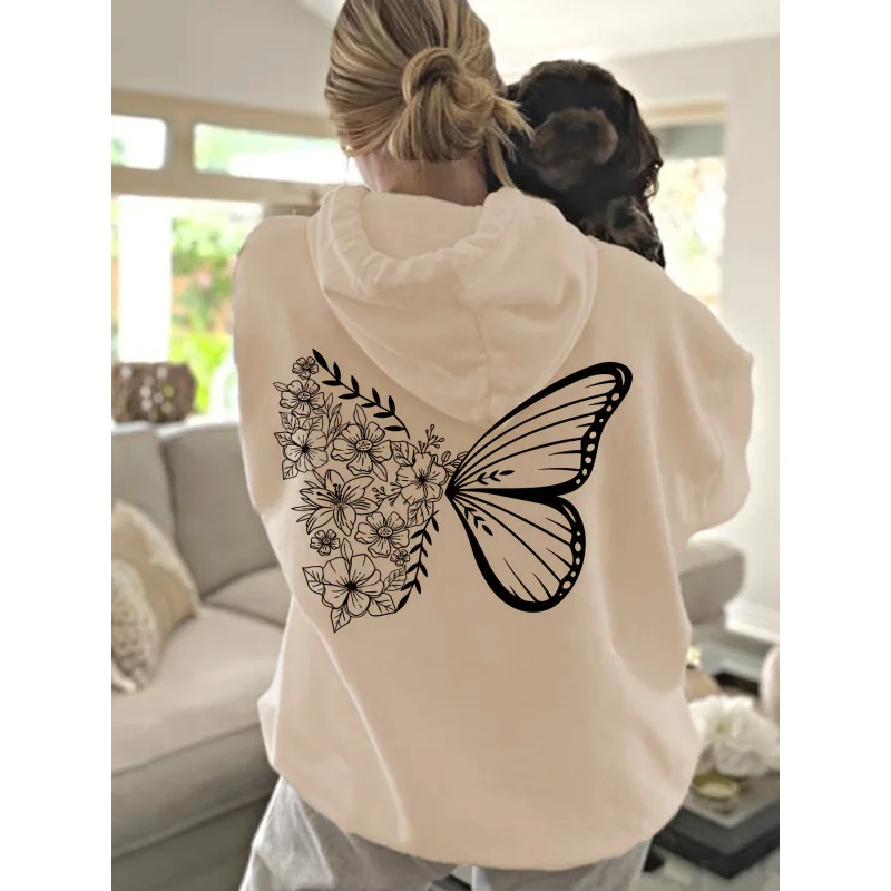 Ladies' casual hoodie with complex butterfly and floral design printed fashionable long sleeved sweatshirt