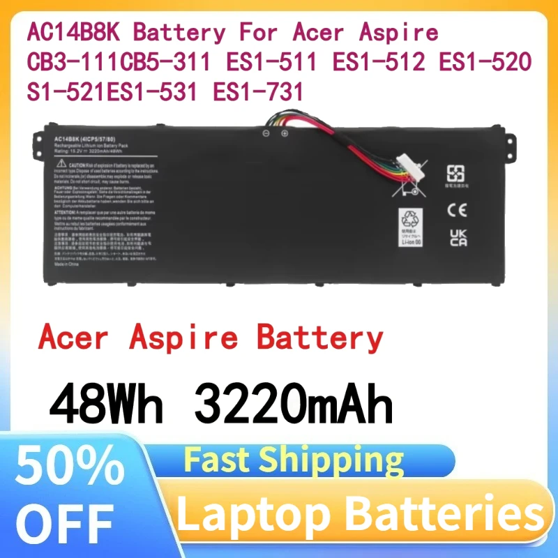 AC14B8K Laptop Batteries for Acer Nitro 5 AN515 AN515-52 AN515-53 Aspire R3-131T ES1-111 V3-111 AC14B3K AC14B7K AP14B8K AC14B18K
