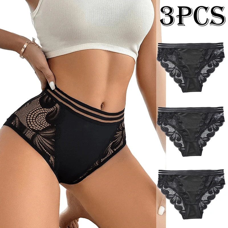 

3Pcs Sexy Black Lingerie Womens Panties Elasticity Bikini Womens Underwear Sexy Transparent Lace Mid Waist Briefs for Women