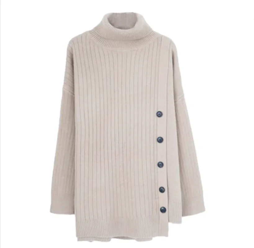 

2025 Solid Turtleneck Sweater Women Button Knitted Pullovers Korean Oversized Knitwear Winter Casual All Match Jumpers Tops