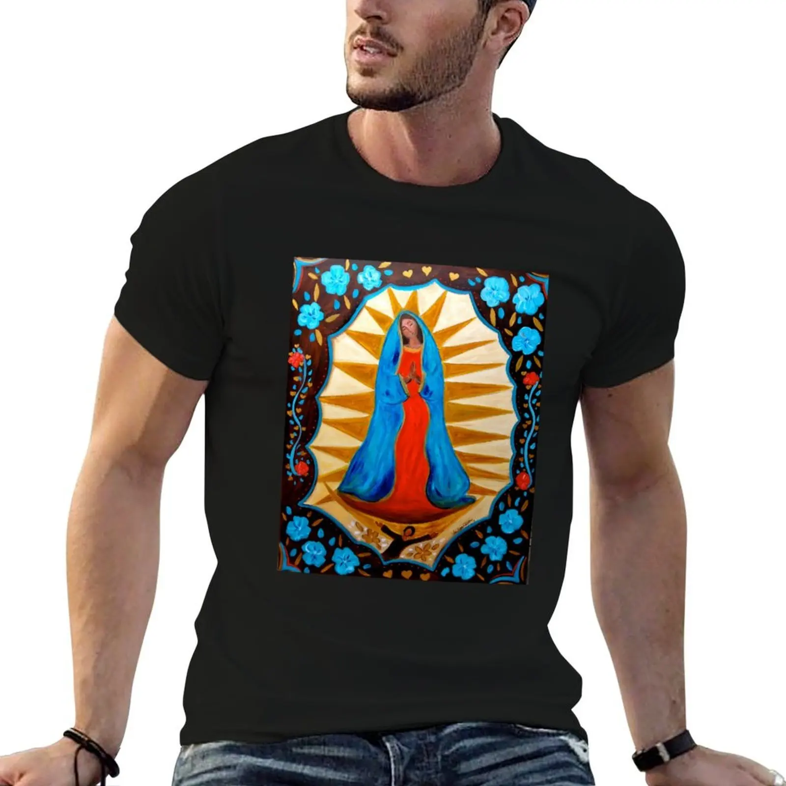 

Our Lady of Guadalupe with Blue Flowers T-Shirt mens graphic t shirts man t shirt designer T-Shirt