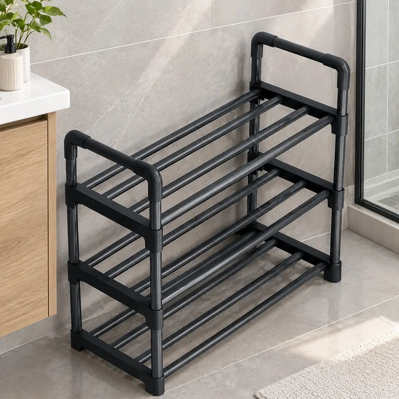 Compact Black Shoe Rack with Multiple Layers, Space-Efficient Organizer for Dorms and Hallways