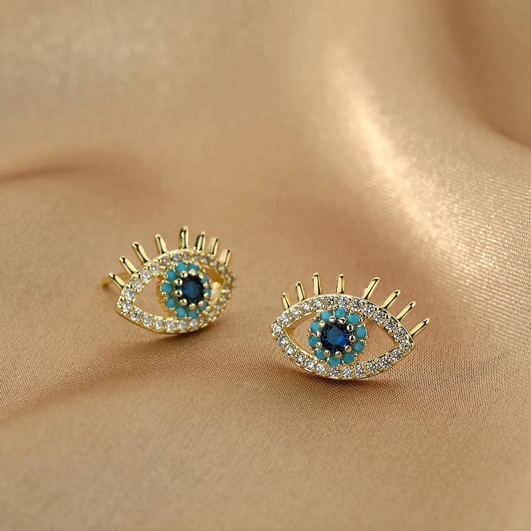 Kinitial Turkey Evil Eye Stud Earrings For Women Zircon Crystal Jewelry Punk Vintage Earrings Female Gift