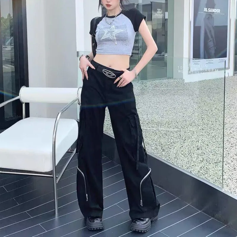 

2000s Aesthethic Hip Hop Black Spicy Girl Cargo Pants Women's High Waist Straight Wide Leg Baggy Pants Y2k Girls Grunge Trousers