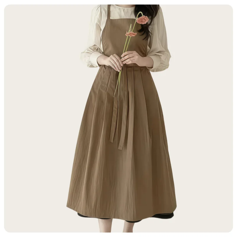 Fashionable Long Apron for Women, Suitable for Work and Home Use, with Pocket Design, Waterproof and Oil-Proof Fabric, Adjustable Length