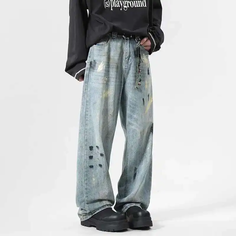 IEFB Niche Design Men's Jeans Splash-ink Contrast Color American
