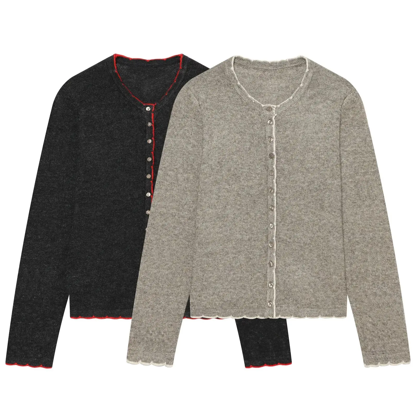 Women Contrast Scalloped Trim Knit Cardigan Round Neck Multi Button Slim Sweater Soft Long Sleeve French Chic Tops 2026