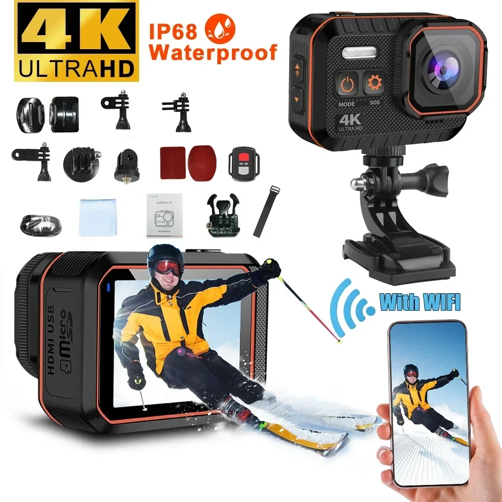 Cámara de movimiento 4K HD 60FPS 170 ° Cámara Wifi de acción gran angular para deportes al aire libre, videocámara corporal para motocicleta, resistente al agua, pantalla LED