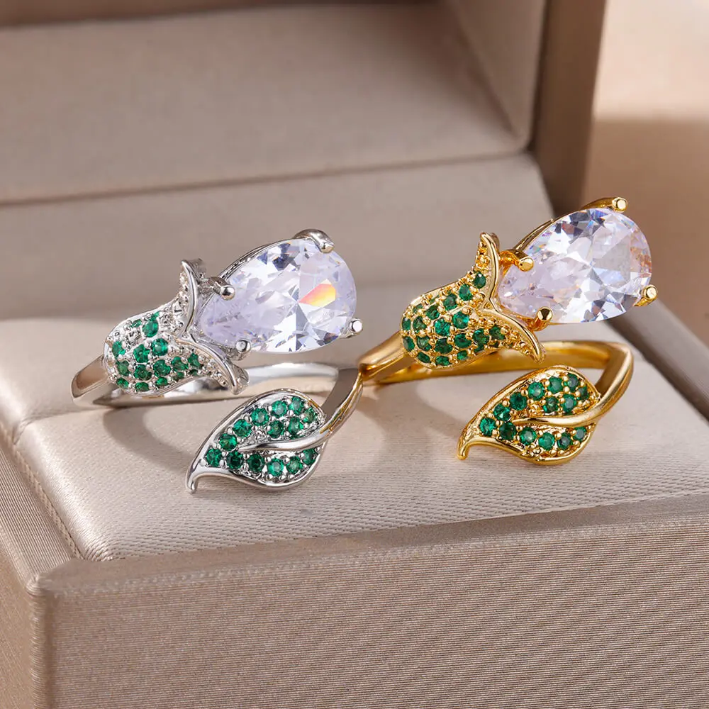 2025 Fashion Colorful Zircon Flower Rings For Women Gold Color Stainless Steel Finger Ring Trend Luxury Boho Aesthetic Jewelry