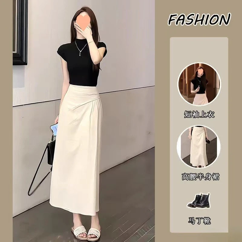 Slim-fit short-sleeved shirt top temperament high waist pleated half body