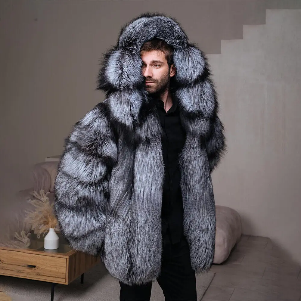 Luxury Man Real Silver Fox Fur Coats Fashion Full Pelt Natural Fox Fur Hooded Jacket Overcoat Winter Warm Real Fur Outwear