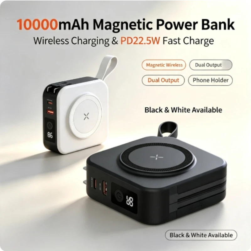 10000mAh Compact Power Bank Wireless Charging Dual Ports External Battery Pack Portable Charger for IPhone Android