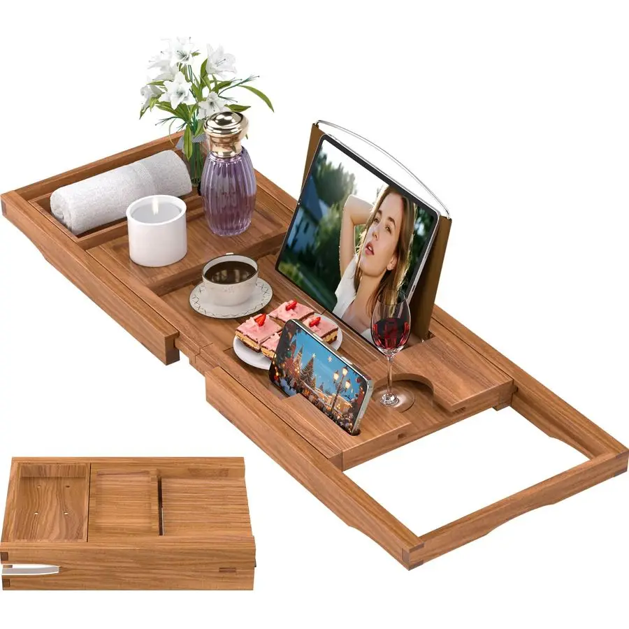 

Teak Bathtub Tray Caddy, Expandable Wooden Bath Tray for Tub,Luxury Bathroom Accessories,Great House Warming, Anniversary amp We