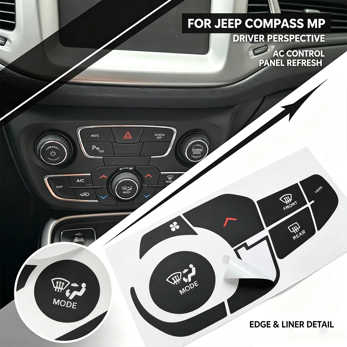 Climate Control Panel Button Sticker For Jeep Compass 2017-2021 - AC Reversing Repair Decal, Black Vinyl White Lettering