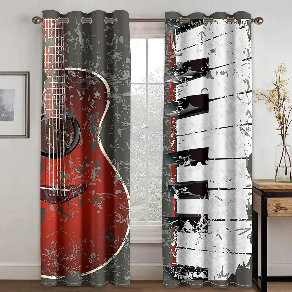 Cheap Modern Boys Cool Guitar Instrument Series Print Thin Window Curtains for Bedroom Living Room Drapes Free Shippig 2 Pieces