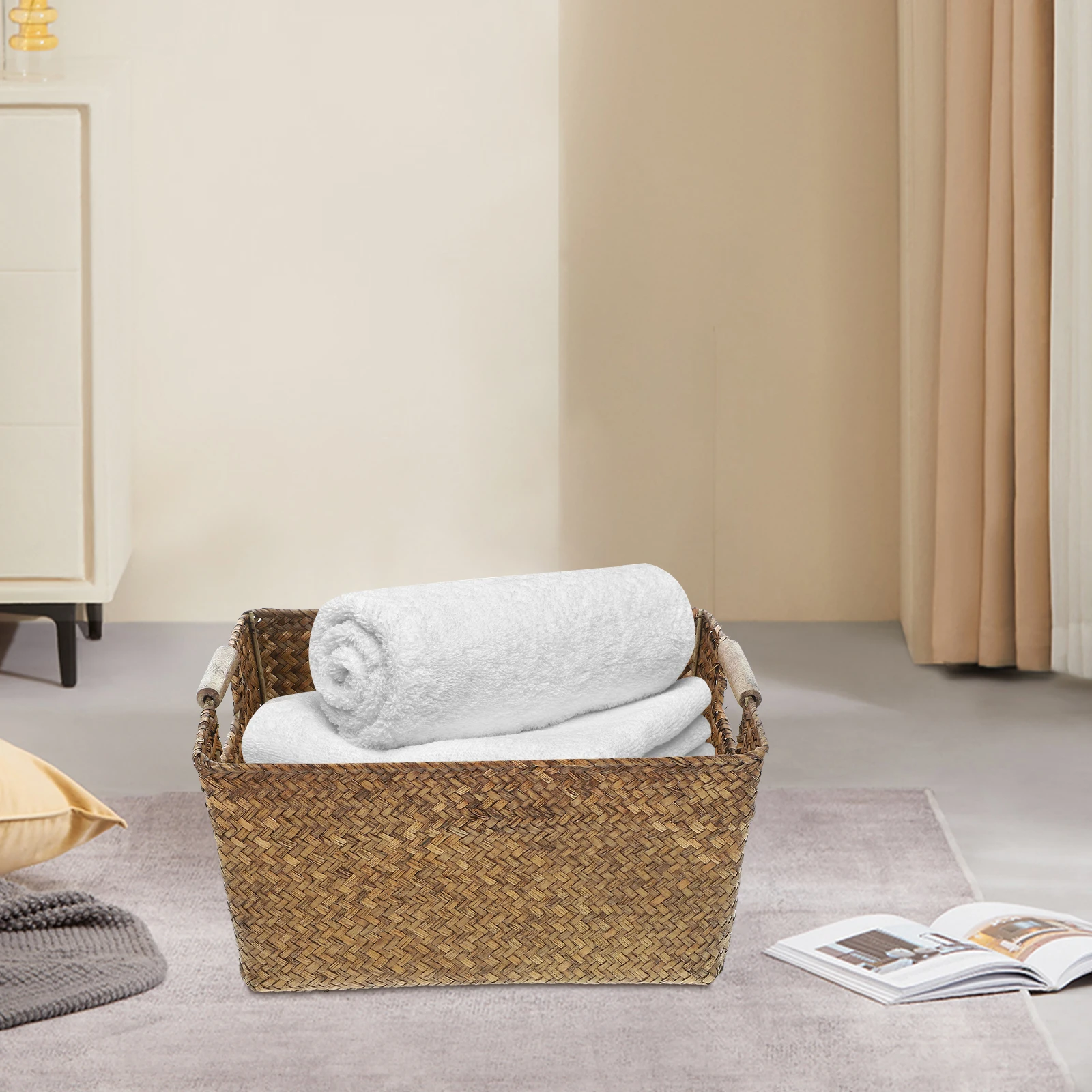 الأعشاب البحرية سلة مغزولة مستطيلة مع مقبض الخشب سطح المكتب التخزين المنظم صندوق الحمام أشتات حامل الأعشاب البحرية سلة مغزولة