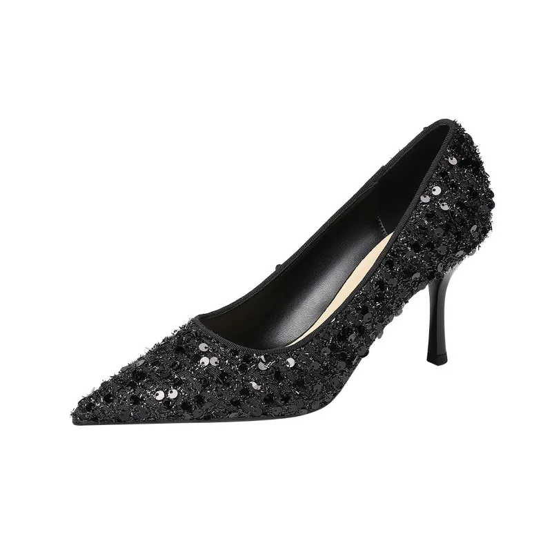 

Женские туфли-лодочки 2026 года, черные, с пайетками, на шпильке, с острым носком, для вечеринок и офиса, высота каблука 4,5 см/6,5 см/8,5 см, Q-867