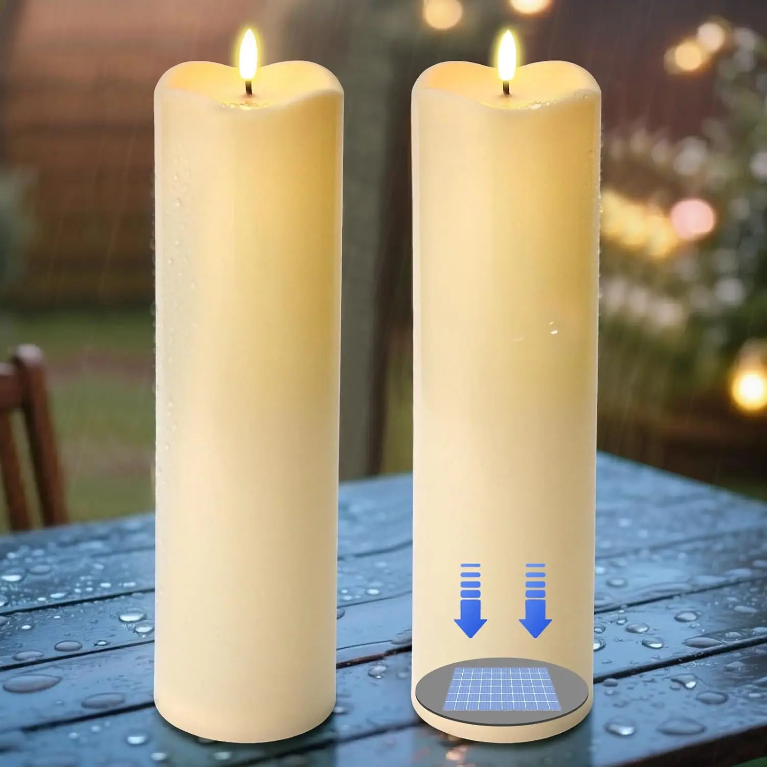 

Большие водонепроницаемые солнечные свечи, перезаряжаемые светодиодные мерцающие свечи на столбе 4 × 14 футов, от сумерения до рассвета, набор из 2 шт. цвета слоновой кости белого цвета