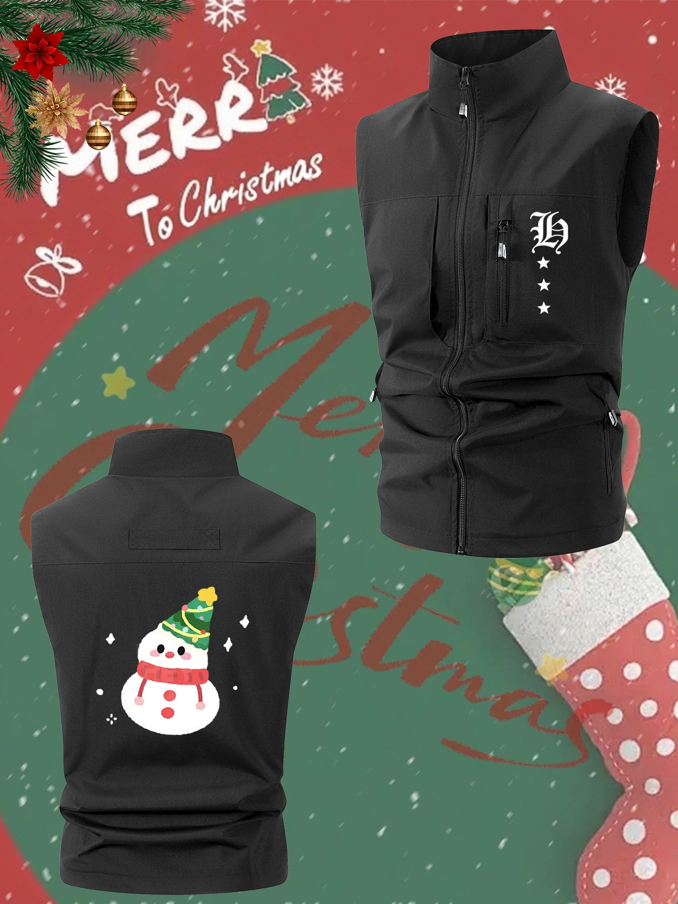 سترة بدون أكمام رياضية لعيد الميلاد للرجال - سحاب وياقة واقفة للرياضات الخارجية والملابس اليومية الدافئة كاجوال للجري واللياقة البدنية