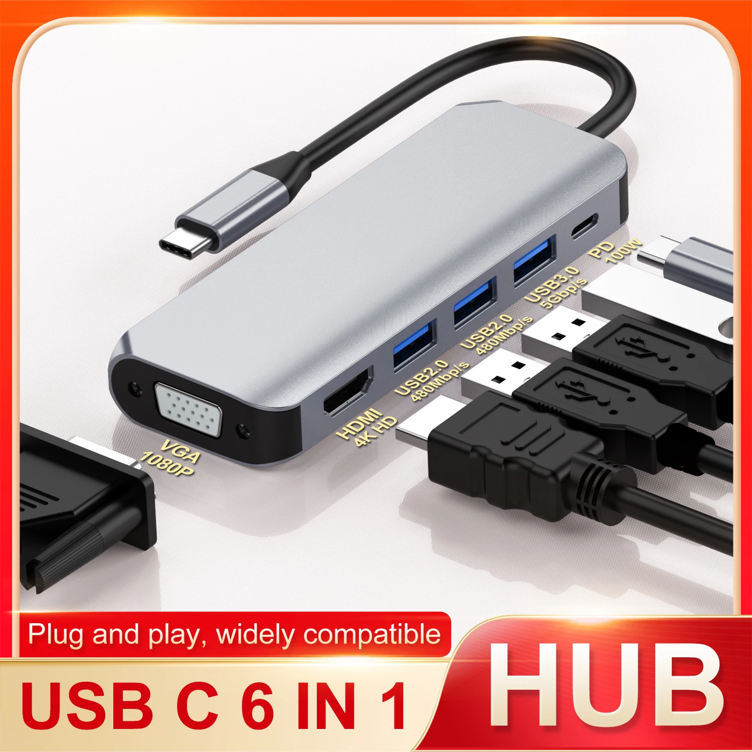 

USB-C Hub 4K 30Hz Docking Station Type-C to HDMI VGA USB 3.0/2.0 PD100W Charging Adapter Multiport Converter for MacBook Laptop