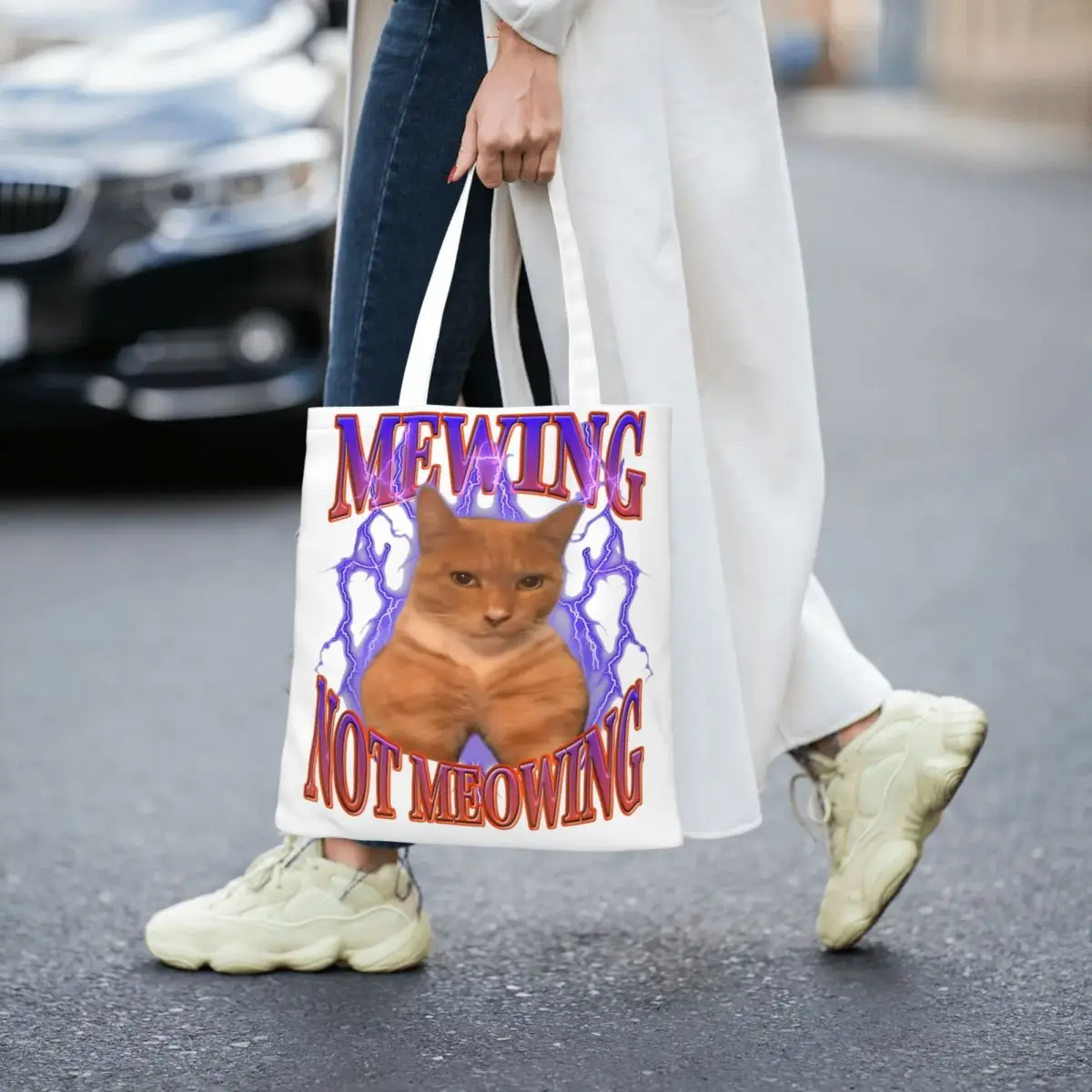 Funny Cat Mewing Not Meowing Meme Canvas Tote Handbag Fun Kitten Cats Face Shoulder Bags Shopper Bags for Unisex