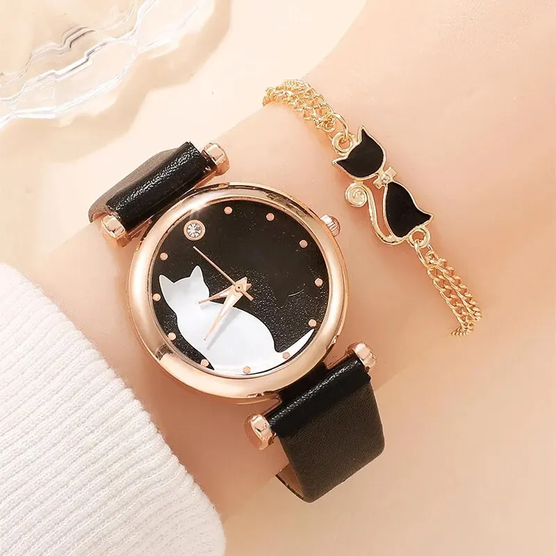 Fashion Watches Women Cute Cat Ladies Simple Quartz Wrist Watches Lady Leather Strap Casual Watch Female Clock Montre Femme