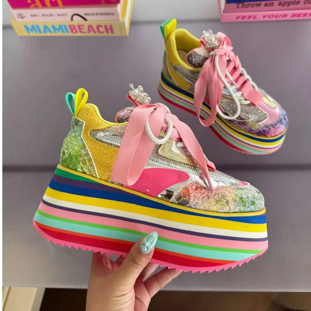 Women Rainbow Shoes High Heels Platform Girl Chunky Sneakers Colorful Mixed Color Fashion Luxury Brand Thick Sole Pink Crystal