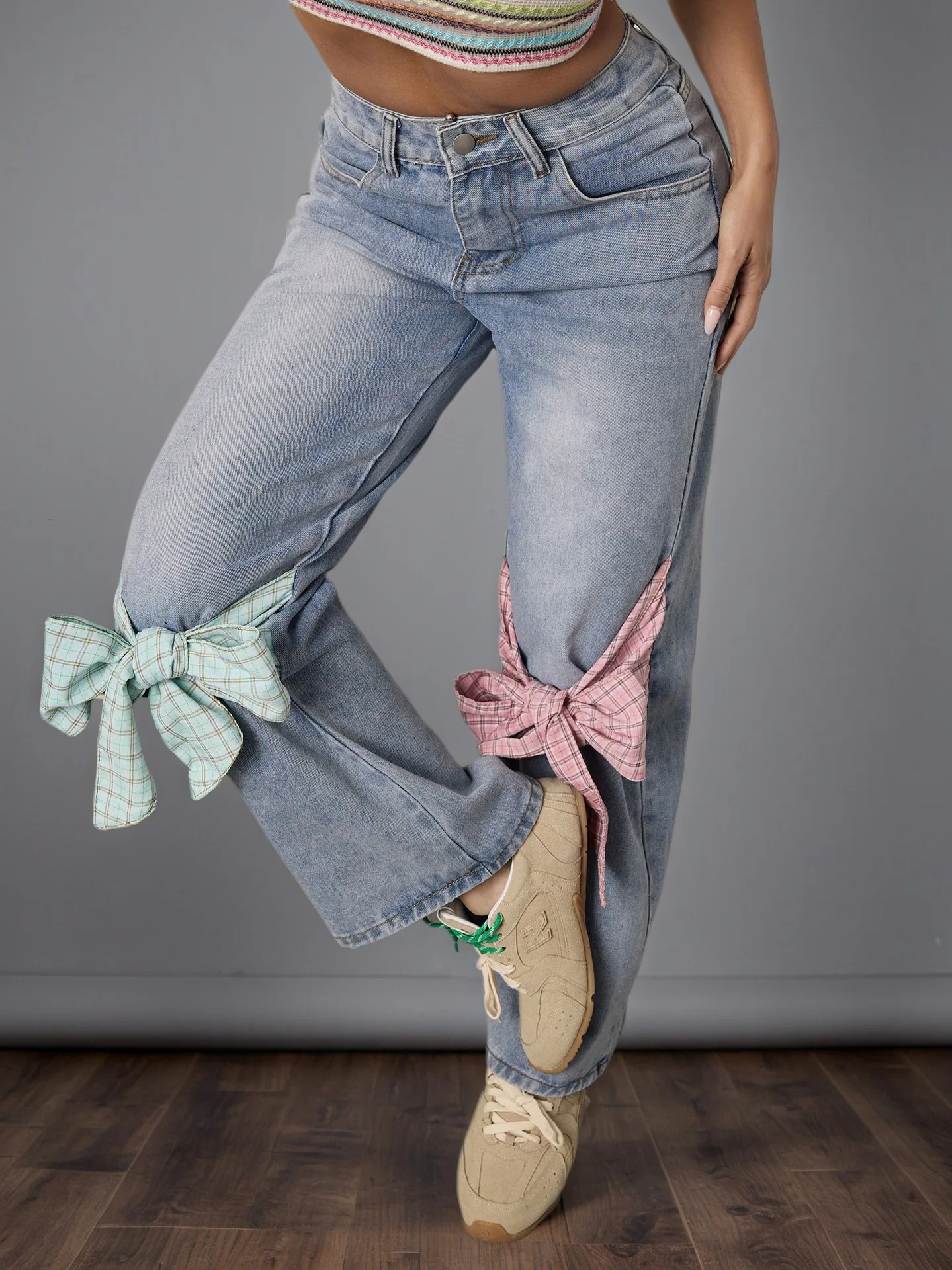 Frauen Drucken Bogen Denim Hosen Gerade Lose Hohe Taille Breite Bein Hose Casual Gespleißt Taschen Hosen Streetwear Gewaschen Winter