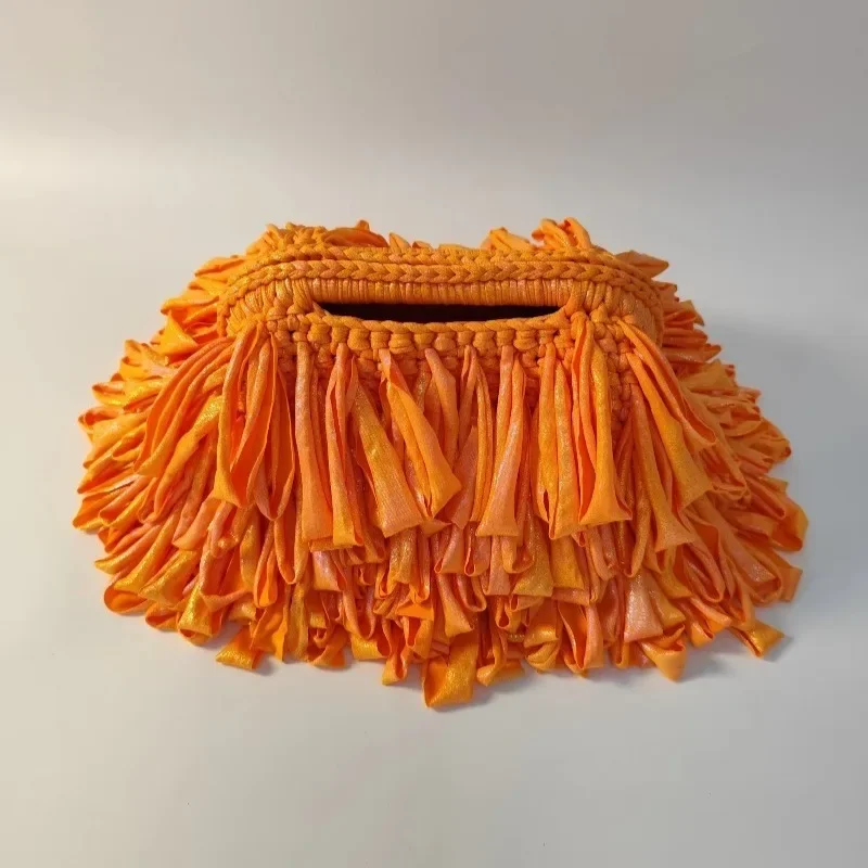Fashion New Handmade Metallic Shimmer Fringe Crochet Clutch Bag Women, Holographic Tassel Woven Handheld Evening Purse