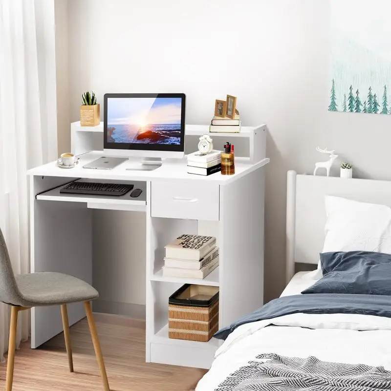 105cm Moderner Computertisch mit Integrierter Stromversorgung, 2-stufigen Regalen, Robustem Rahmen und Kabelmanagement für Home Office Arbeitsplatz