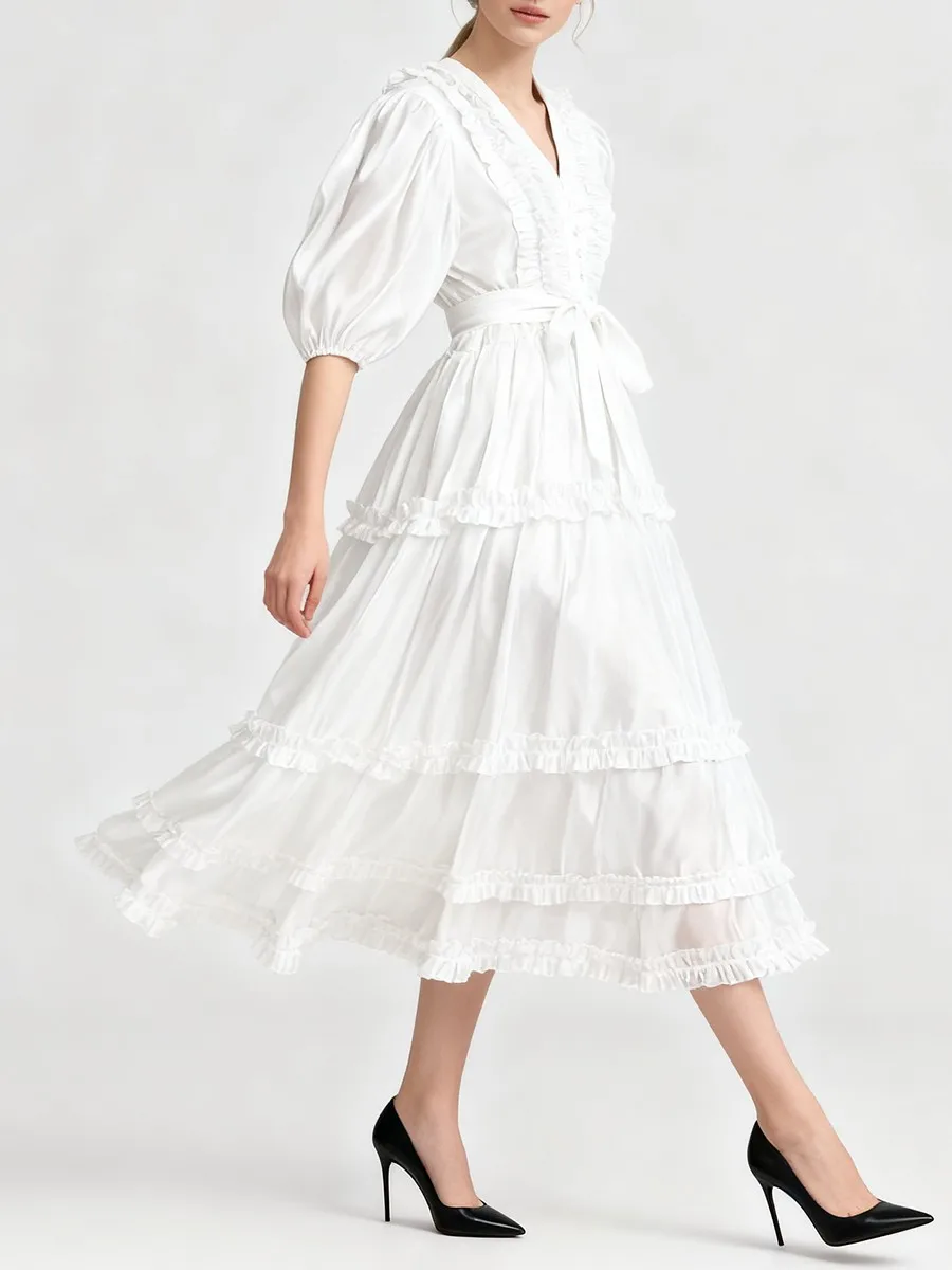 TWOTWINSTYLE Printing Spliced Fungus Folds Vintage Dresses for Women V Neck Half Sleeves High Waist Velvet Long Dress Female New