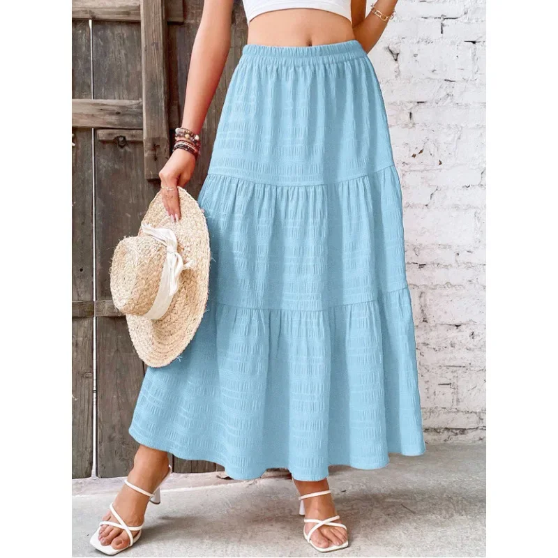 2025 Spring Summer New Arrival Solid Color Ruched Casual Midi Skirt for Women Europe America Style Fashion Elegant High Waist A-