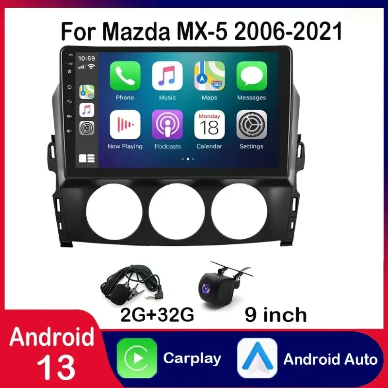 

2din 2GB+32GB 9" Touch Screen Android 13.0 Car Radio GPS Navigation For Mazda MX-5 2006-2021 Multimedia Player Head Unit Carplay
