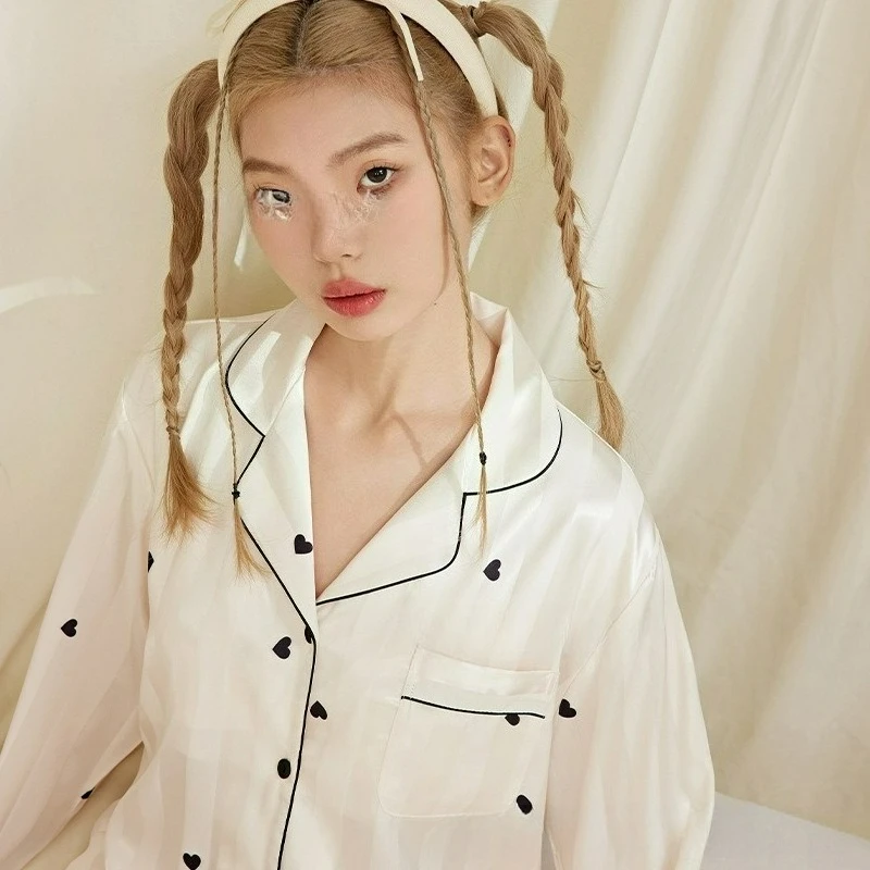 

French Sweet Elegant Black Heart-shape Print Women's Pajamas Korean Ins Harajuku Striped Homewear Y2k Sleepwear ice silk