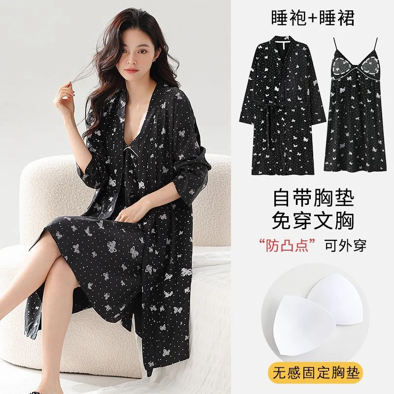 2025年秋新作-レディース-長袖コットン-プリント-ナイトガウン-ローブ-2点セット-セクシーレース-ランジェリー-ネグリジェ-パジャマ