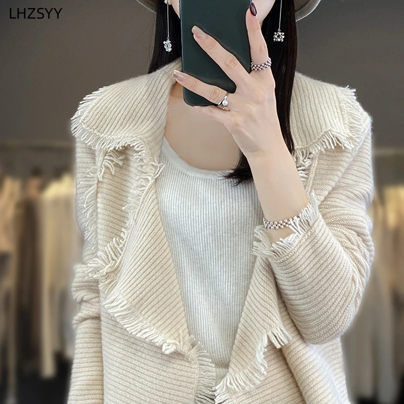 LHZSYY Lapel Cashmere Cardigan Women\'s Fashion Large Size Jacket Sweater Autumn New Knit Shawl Coat High-End Loose Female Blouse