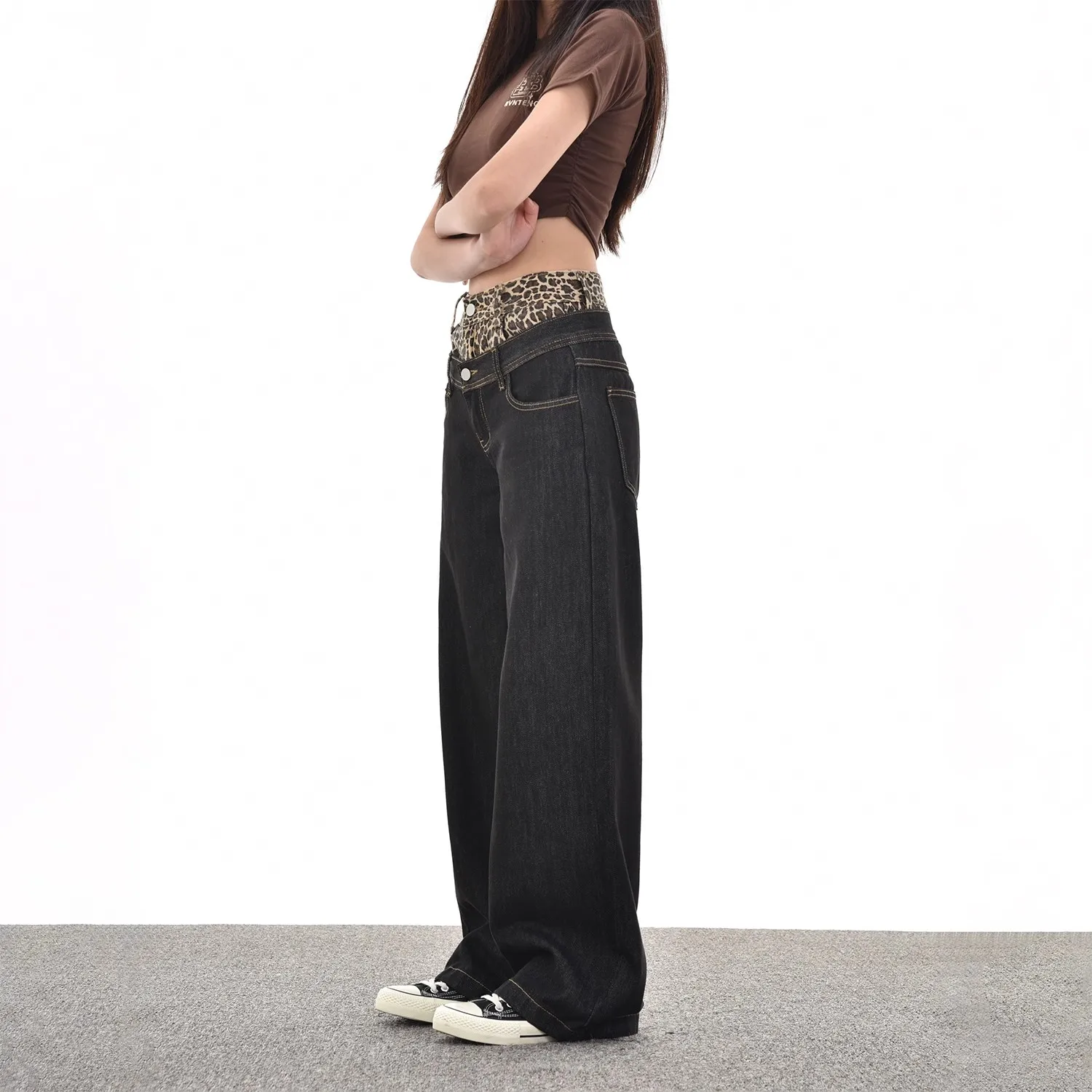 Y2K Leopard Print Patchwork Jeans Men Women American Retro Fake Two Piece Casual Straight Leg Wide Leg Floor Pants