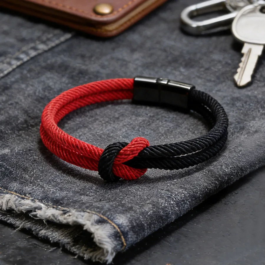 Doppellagiges Zweifarbiges Gedrehtes Knoten-Seil Armband Edelstahl Magnetverschluss Schnur Armband Freizeit-Schmuck Geschenk für Ihn