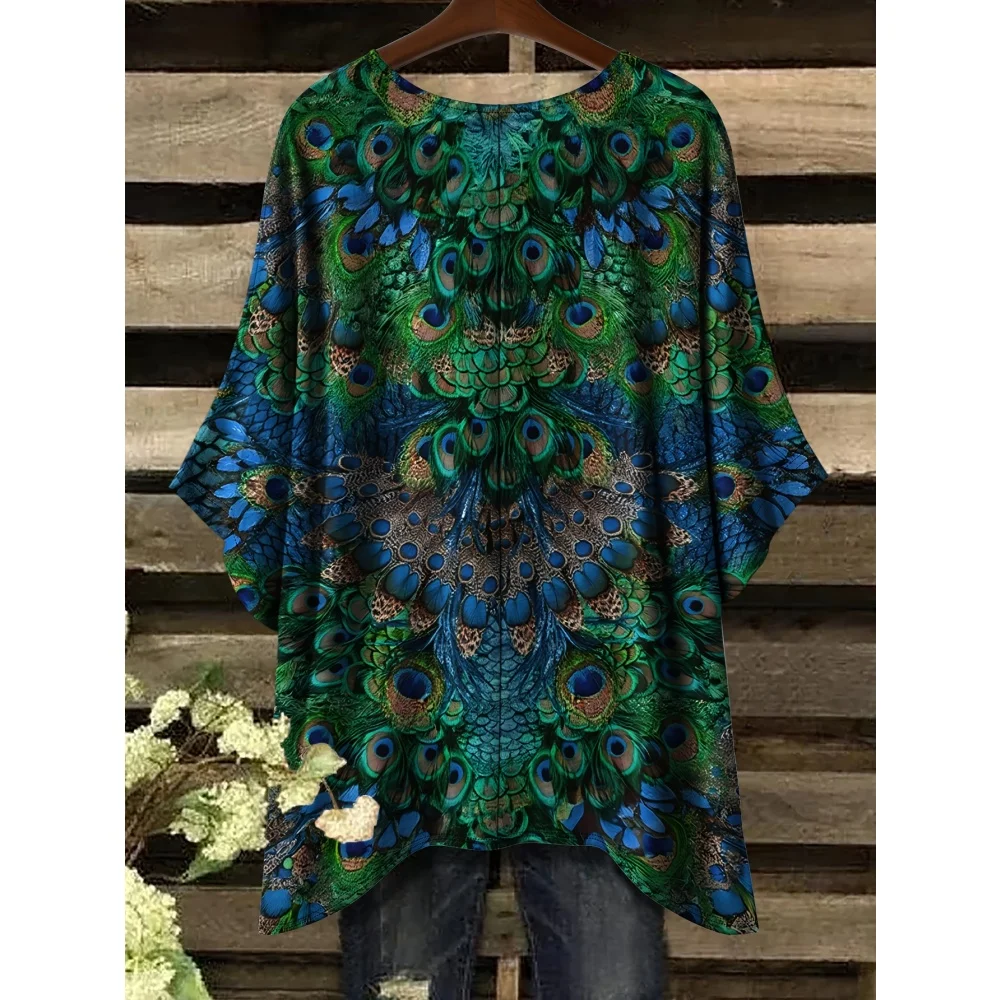 New Woman Elegant Peacock Print T-Shirts Casual Loose Machine Washable O-Neck Short Sleeve Summer Fashion Streetwear Clothing