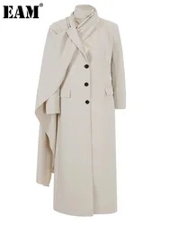 EAM-Blazer Abricot Long et Élégant pour Femme, Col Écharpe, Veste à Manches sulf, Mode Tide, Printemps Automne 2024, 1DH4395