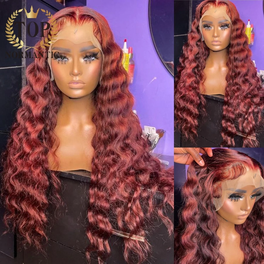 Topnormantic Burgundy Color Deep Wave Wig with Baby Hair 13x6 Lace Front Remy Brazilian Human Hair Wigs for Black Women