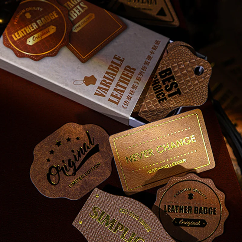 Mr.Paper 20 Stück/Packung Vintage Kunstleder-Etiketten Goldfolie Aufkleber-Sets, Retro Hartkarton Dekorative Aufkleber für Scrapbooking