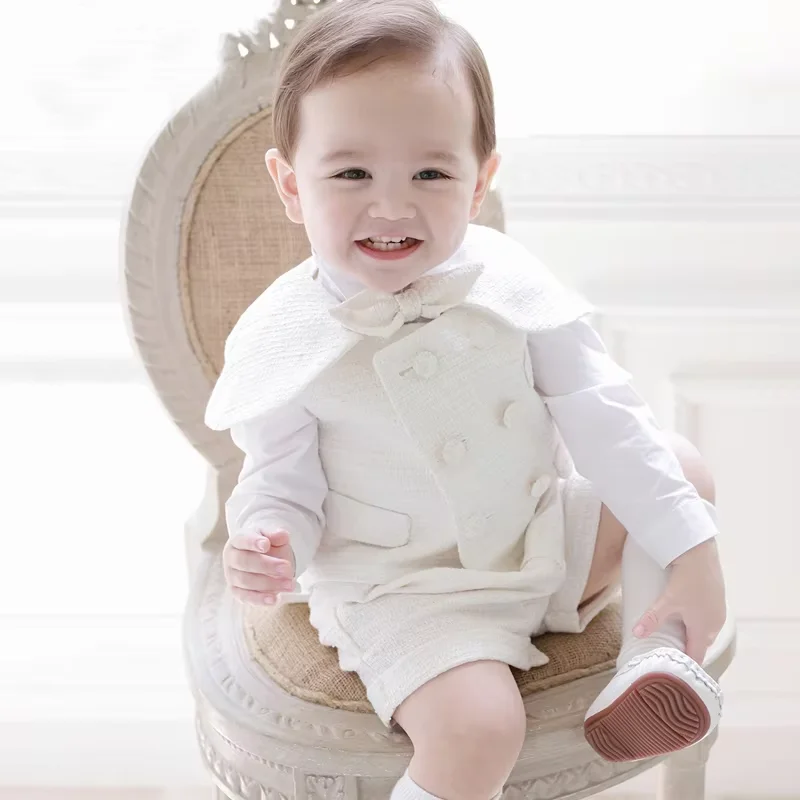 Children 4pcs Autumn Clothing Sets White Boys Formal Suits Vest Shirts shawl Shorts Bowtie Outfits Kids Birthday Boutique Dress