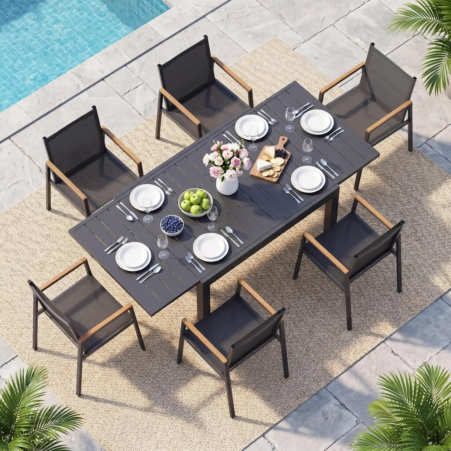 Outdoor Aluminum Patio Dining Table Set for 6 Person, Expandable Outdoor Table and 6 Chairs with Textilene Fabric & HDPS Armrest