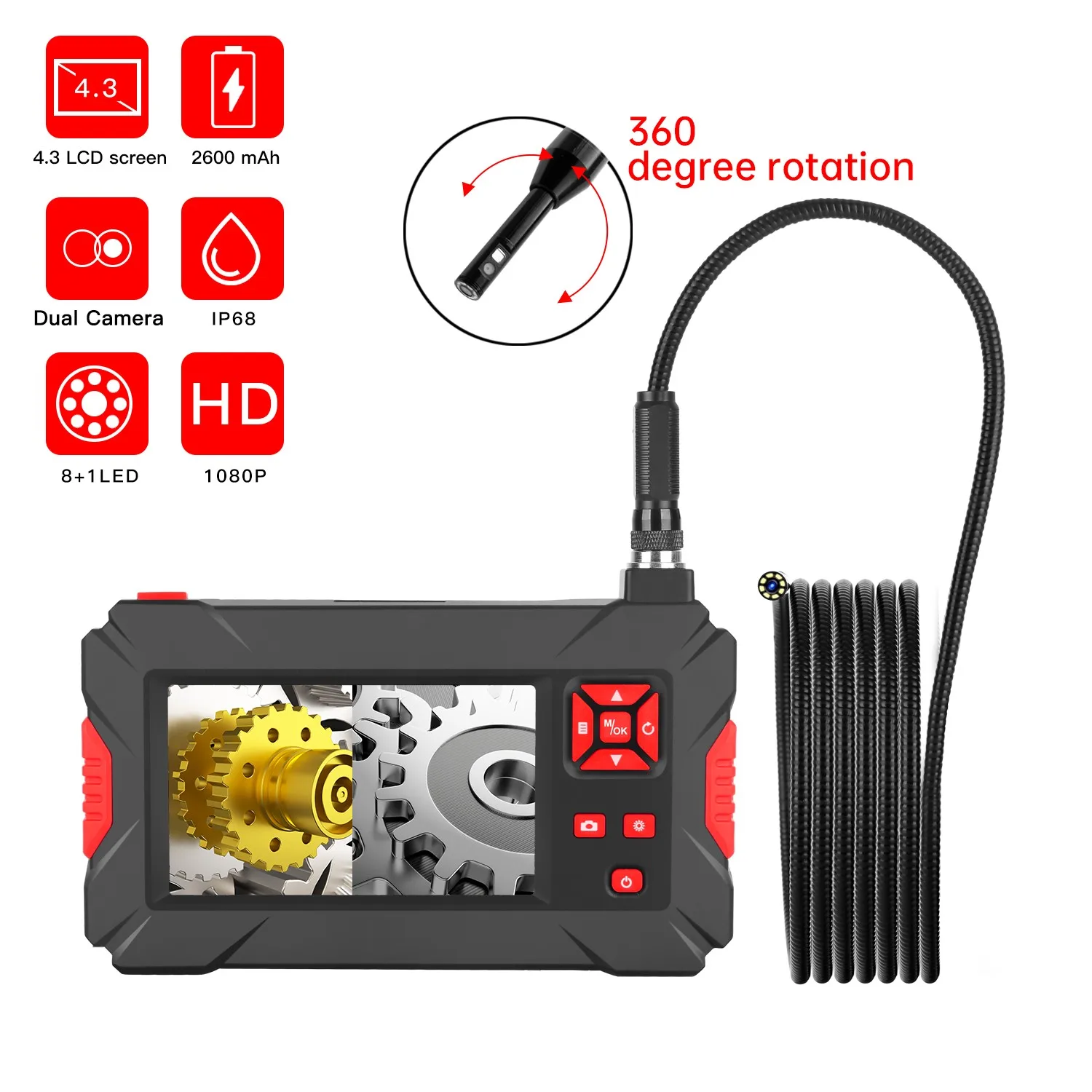 

4.3Inch 2MP 1080P 360 Degree Rotation Dual Lens Side-view&Front View Endoscope CMOS Borescope Inspection Microscope Camera