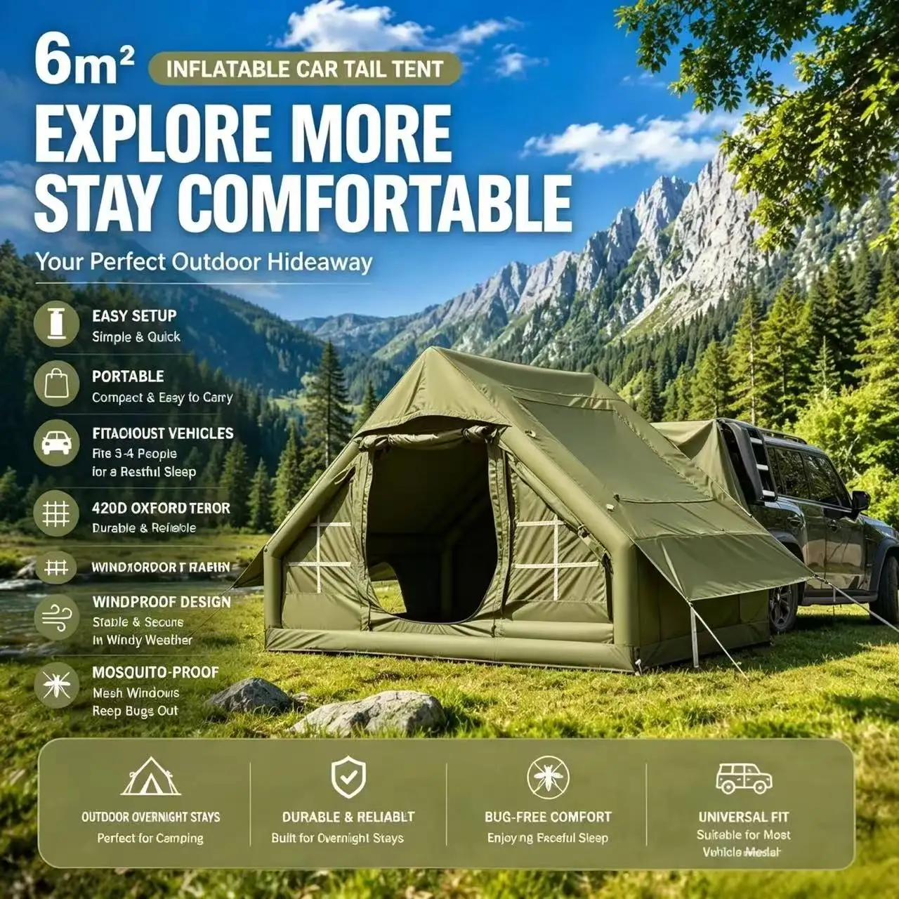 6㎡ Inflatable SUV Tailgate Tent, 3‑4 Person 420D OxfordWaterproofWindproof Air‑Beam Tent with Mesh Window for Camping Road Trip